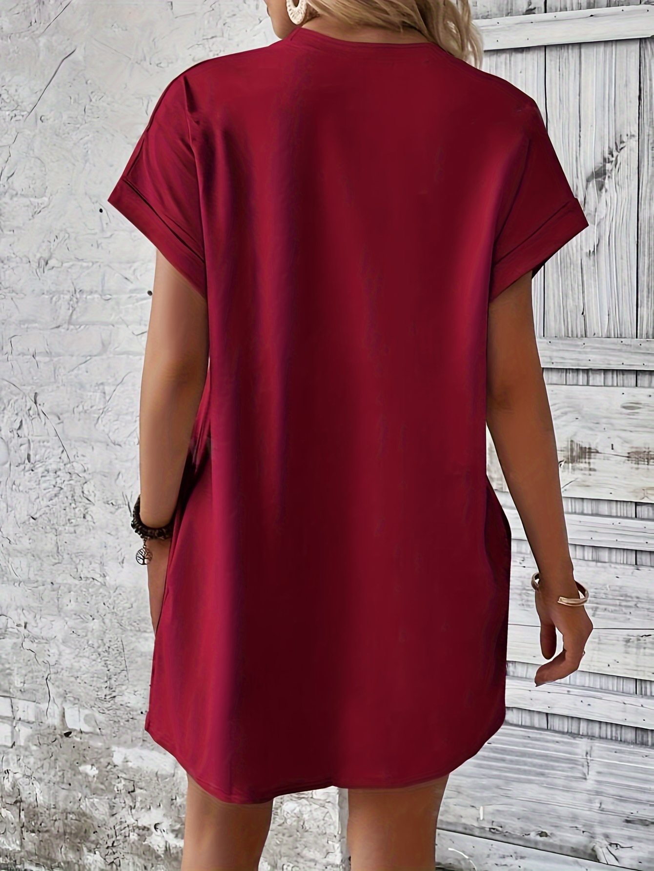 crew neck with pocket dress casual short sleeve dress for spring summer womens clothing burgundy 1