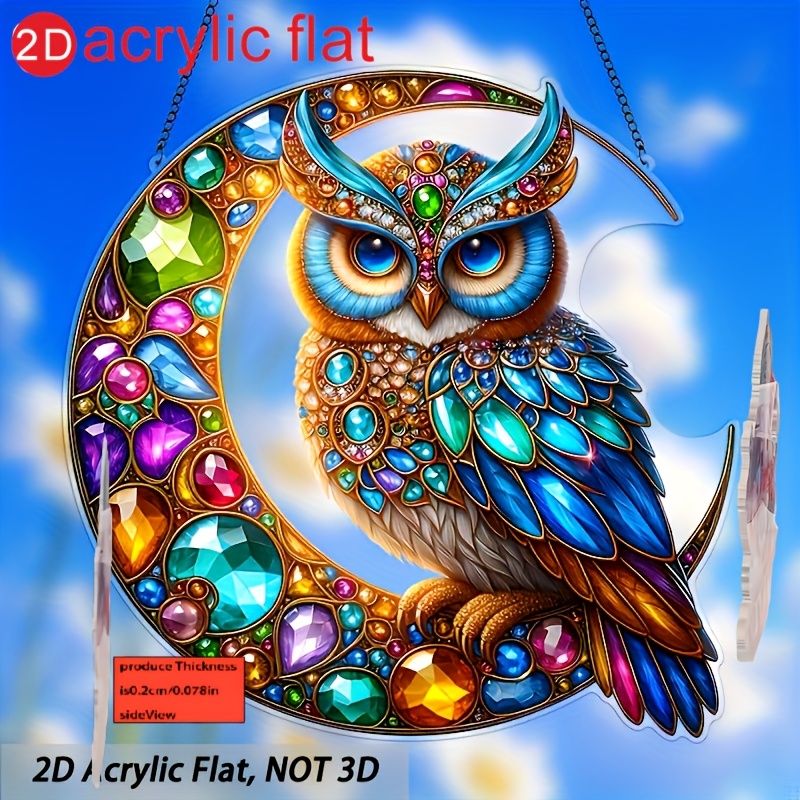 TEMU 2d Flat, Sparkling Owl And Moon Sun Catcher, Colorful Art Window Decoration, Wall Decor, Bedroom Decor, Room Decor, Home Decor, Perfect Gift For