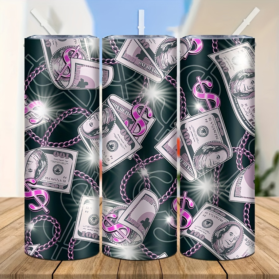 

20oz Stainless Steel Tumbler With 3d Money Print - Double-walled Insulated, With Straw & Lid - Sports & Outdoor Activities, Great Gift Idea