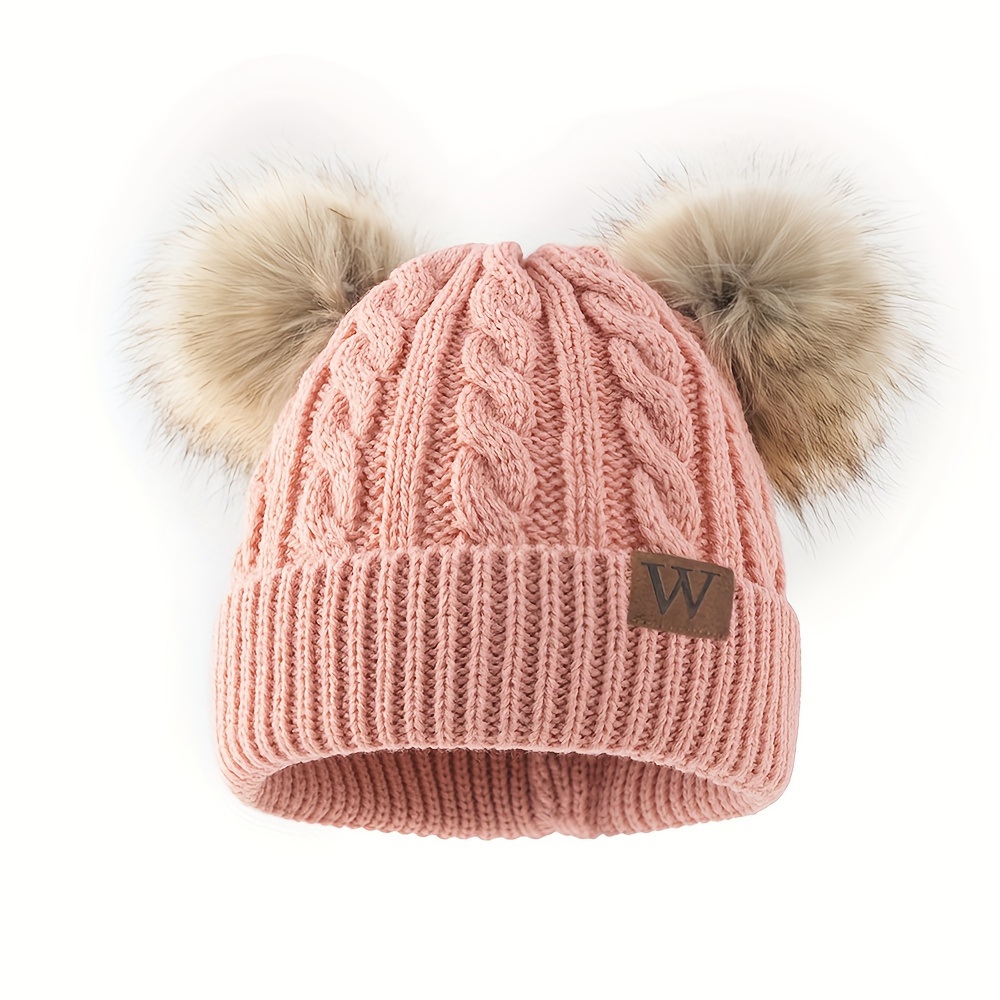 

Festive Knit Beanie With Fluffy Pom-poms For Girls: , Letter Pattern, Stretchable, Lightweight, Suitable For Autumn/winter Seasons, Machine Washable, Dry , Makefge Brand