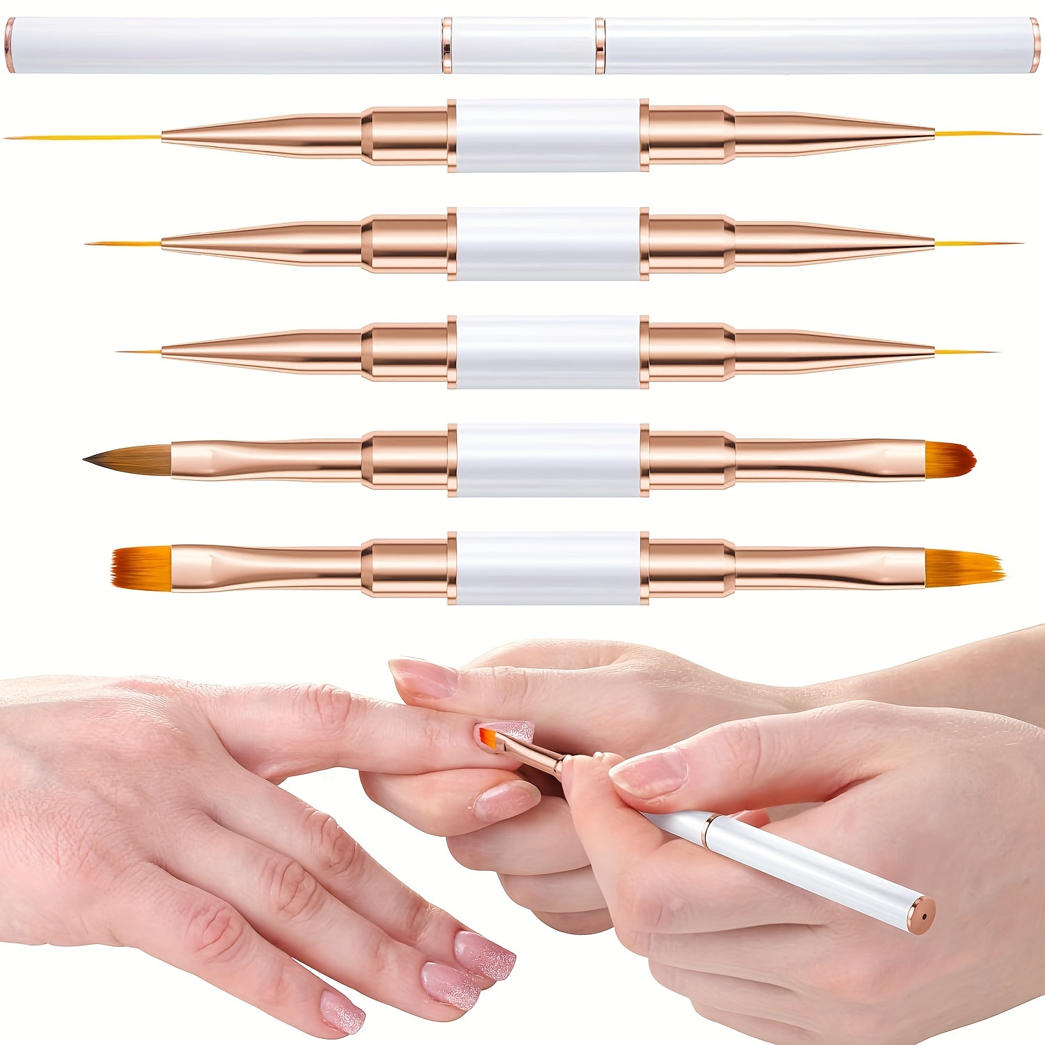 

5-piece Dual-ended Nail Art Brush Set - Metal Handle, Gel & Polish Application, Cleaning Tools For Diy Manicure Designs (white)