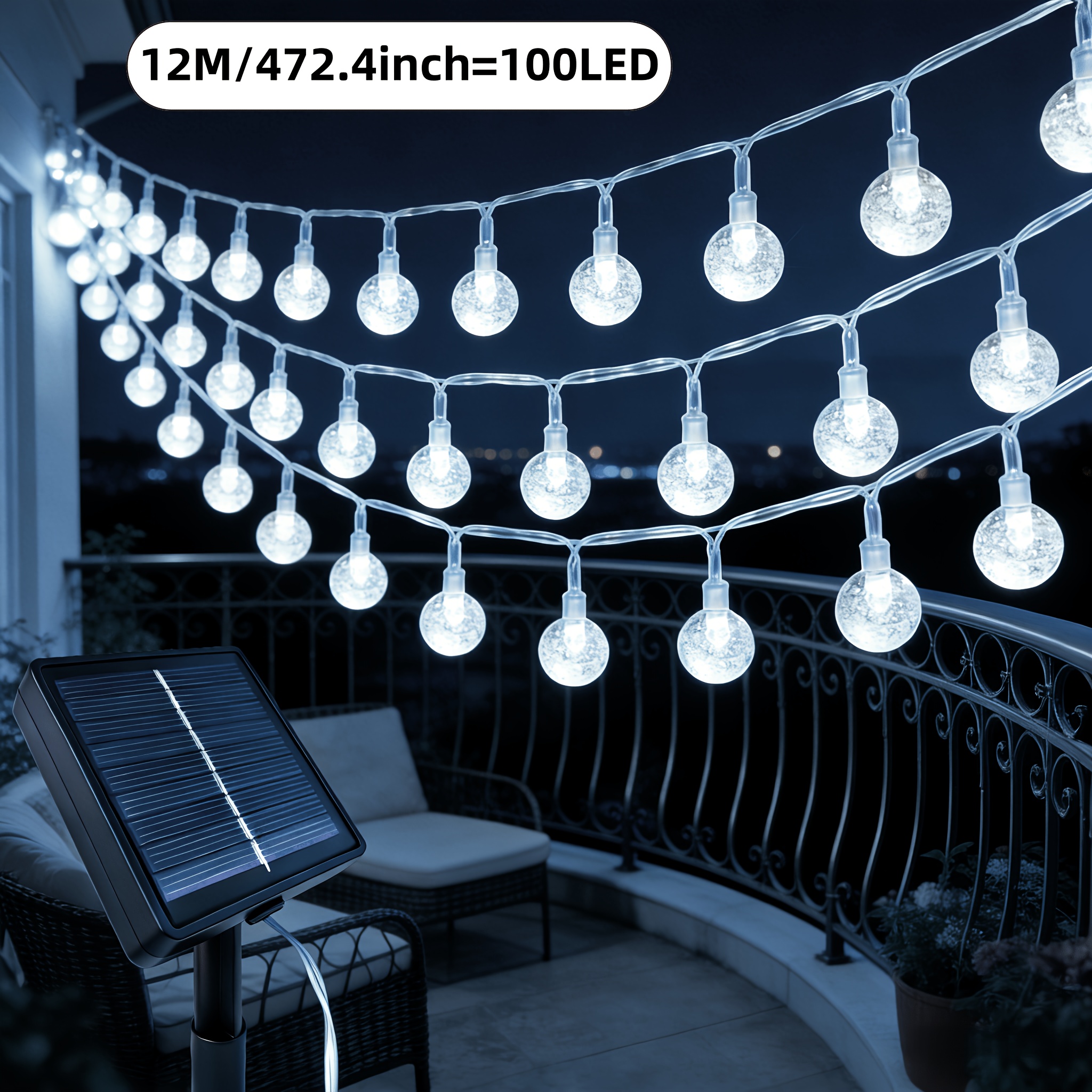 TEMU solar de bolas de con 200/100/50/20 LED, IP65, cadena de luces blancas de exterior, guirnalda de luces de , cadena de luces de , de cristal, luz