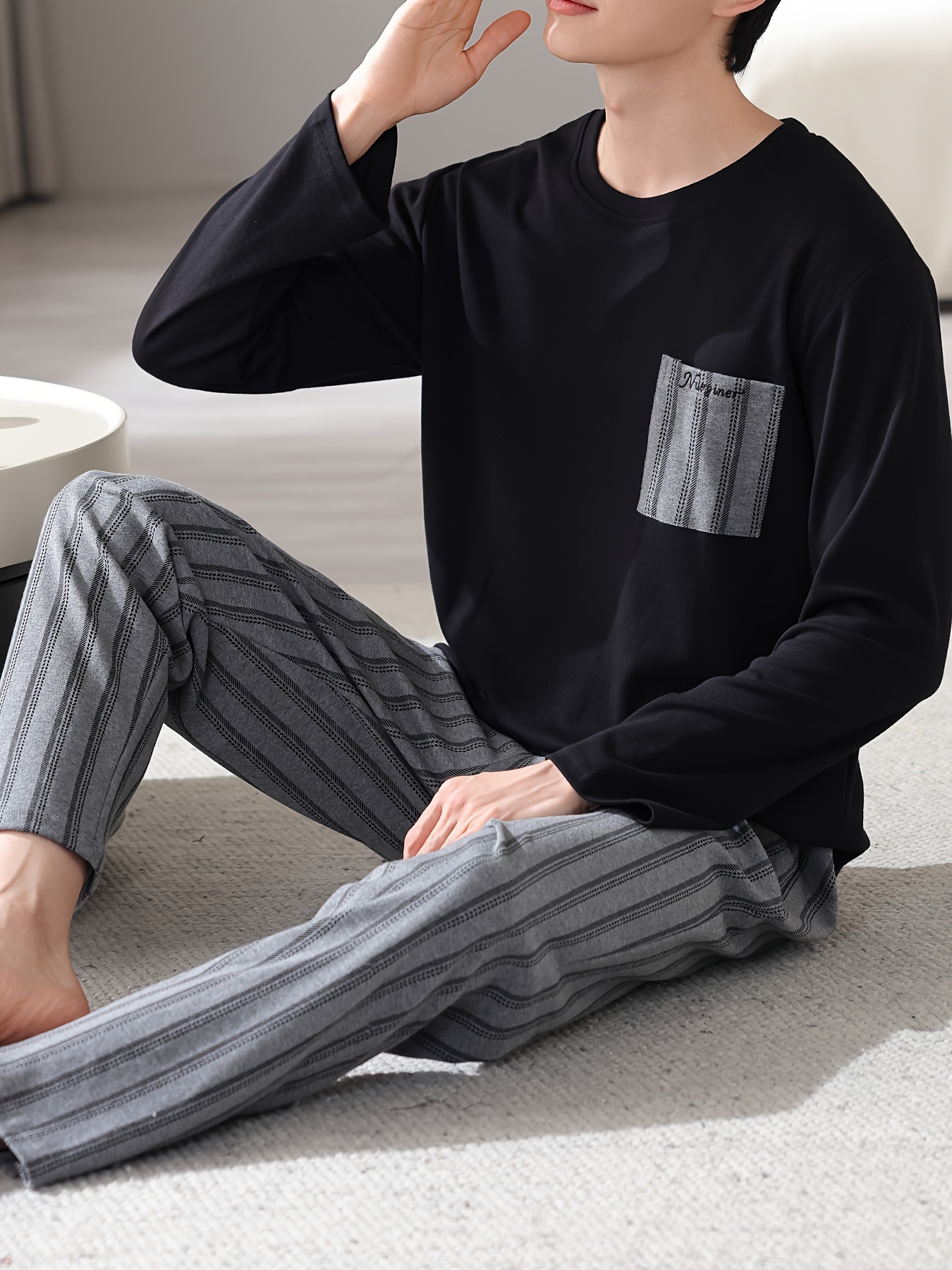 1set Men'S Casual Cotton Pajama Set, Long Sleeve Round Neck Sleepwear with Pockets, Loose Fit Knitted Pullover for Spring/Autumn - Comfortable Thin Cotton Outfit