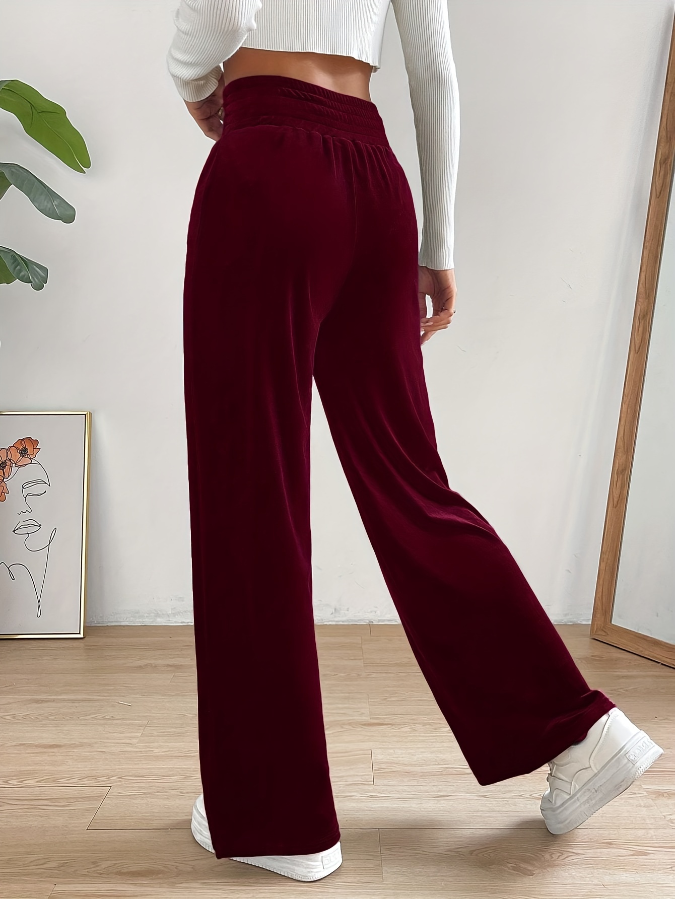 Solid Velvet Flare Leg Pants, Casual High Waist Slim Pants, Women's Clothing