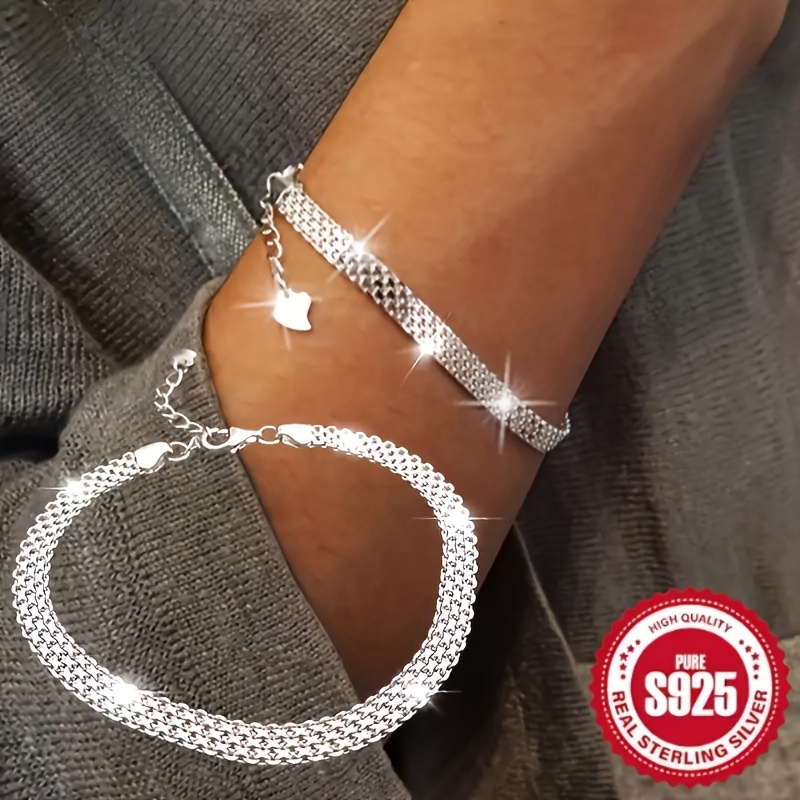 

1pc S925 Sterling Silver Silver Plated Chain Plated Bracelet, Mesh Embossed Pattemed Bracelet.sparkling Hand Jewelry For Men And Women