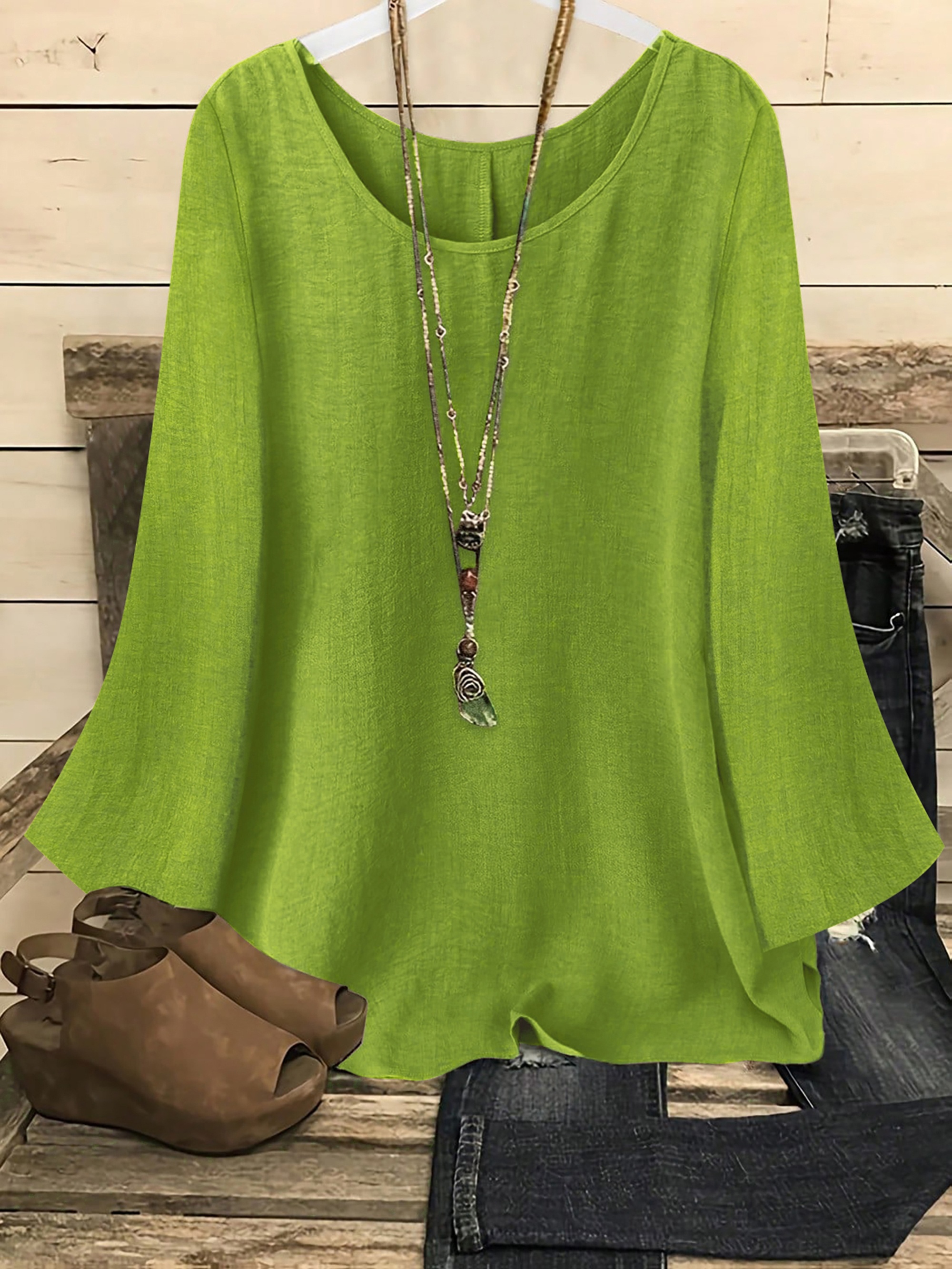 womens casual western style solid round neck long sleeve flared sleeve shirt