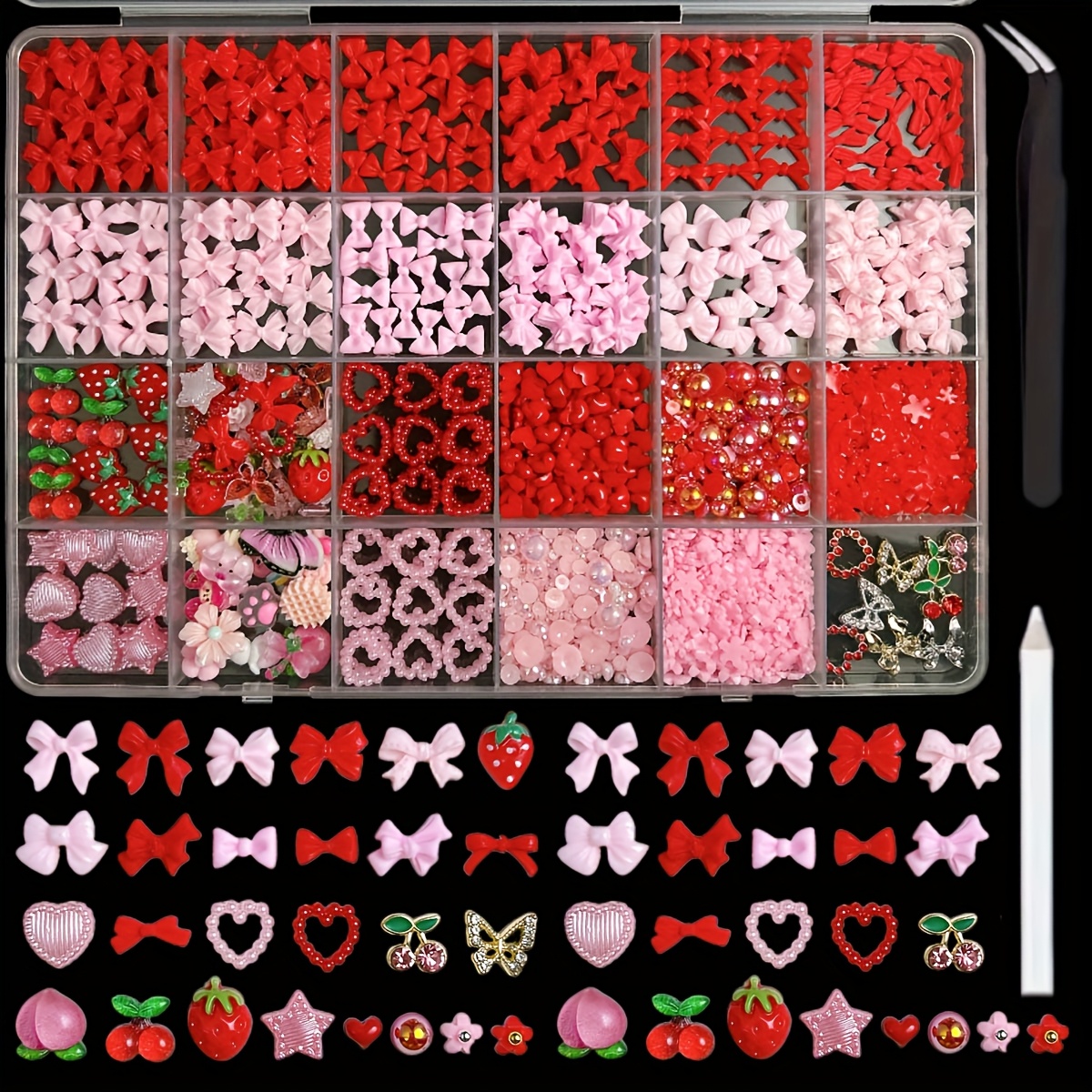 1 Box Red Resin Bow Minimalist Half Round Artificial Pearl Heart Strawberry Cherry Dress Up Jewelry DIY Multi Shapes Random Mixed Toy Accessories