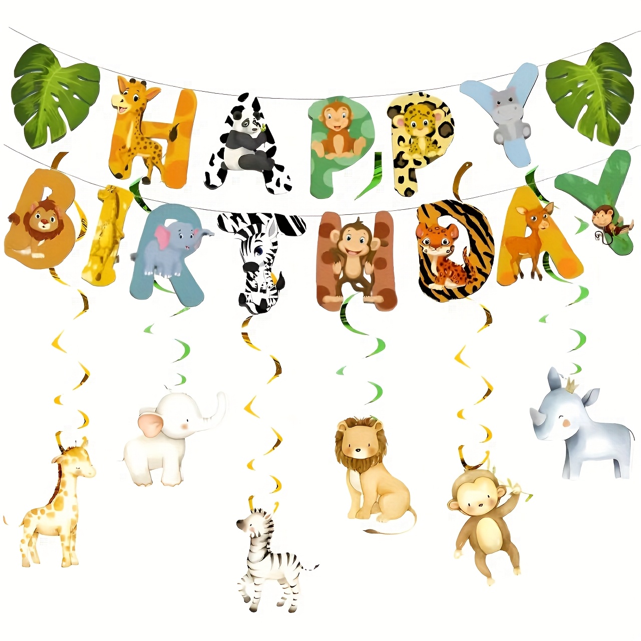 Image of 21pcs Birthday Party Banner Set - Animal-themed Decorations With "happy Birthday" Sign, Spiral Decorations, And More For Indoor/outdoor Celebrations, Birthday Decoration