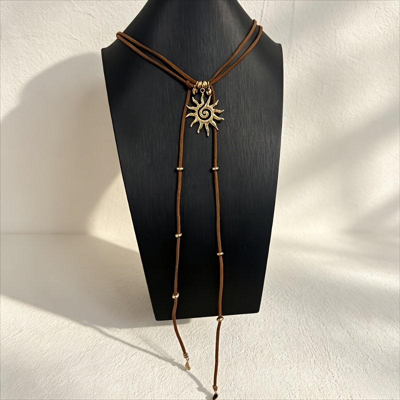 TEMU Collar de colgante de sol en estilo bohemio, collar de borlas de capa con cordón marrón y de cuentas doradas, collar largo de estilo hippie para