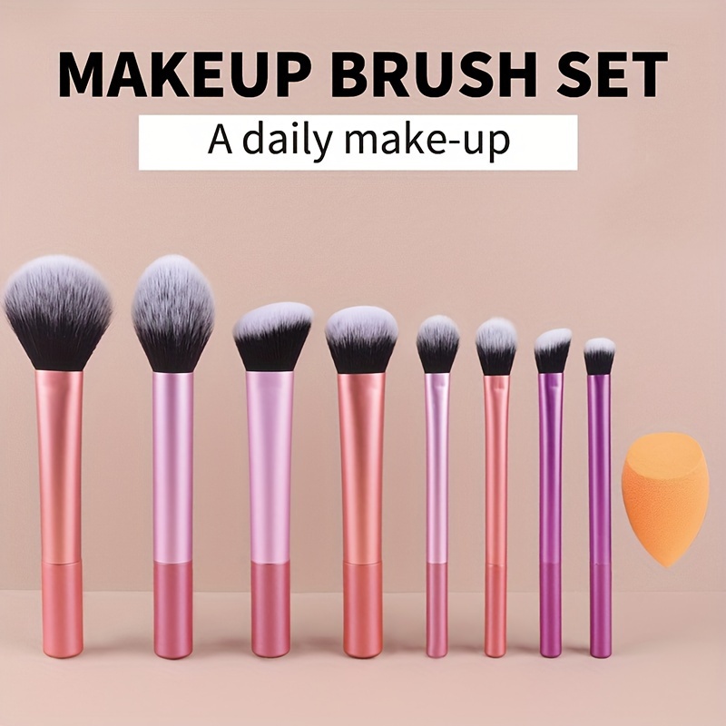 TEMU 8-piece Multicolor Full Makeup Brush Set With Powder, Blush, Foundation, Eyeshadow, Blending, Contour Brushes + Angled Makeup Sponge