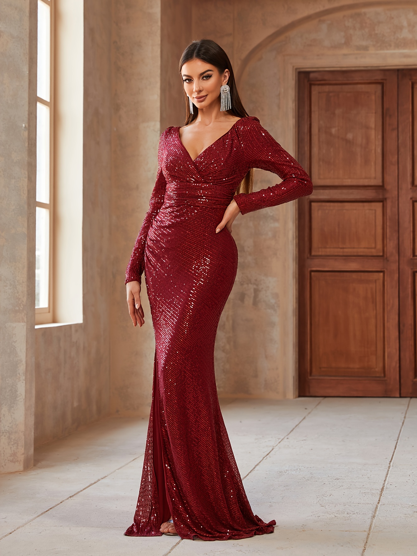 dress up glitter force Red Beaded Gown Full Sequin Mermaid Formal Dress main image 1
