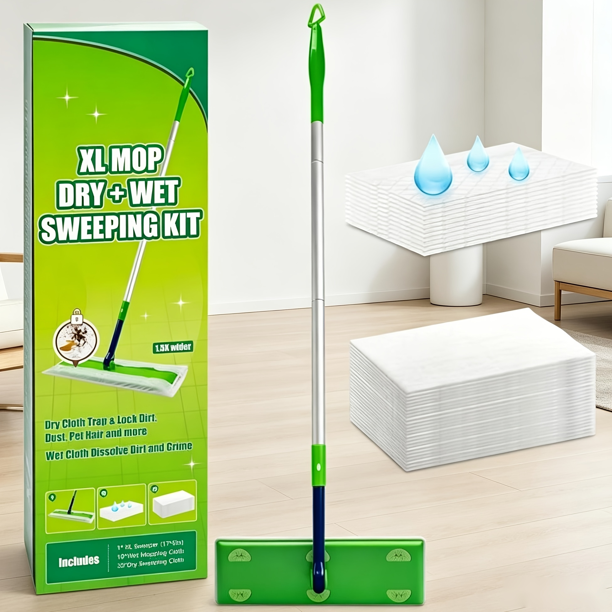 TEMU Mops For Floor Cleaning Set, Use, 1.5x Xl With Head, 10 Wet + 19 , For Mopping & Dusting On Tile Wood Laminate, Pet Hair, Kitchen & Bathroom