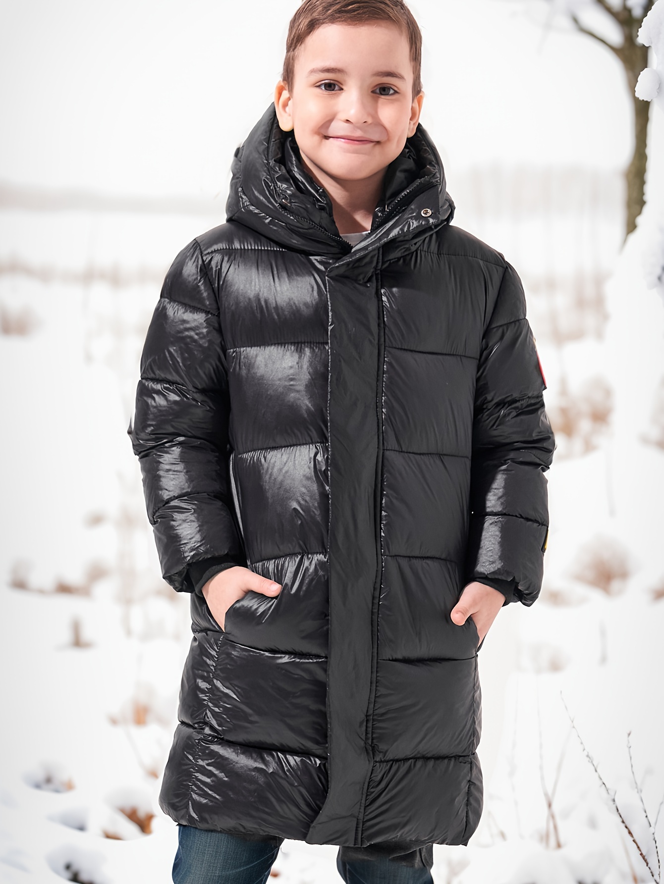 boys winter hooded parka thick long coat black zip Temu United