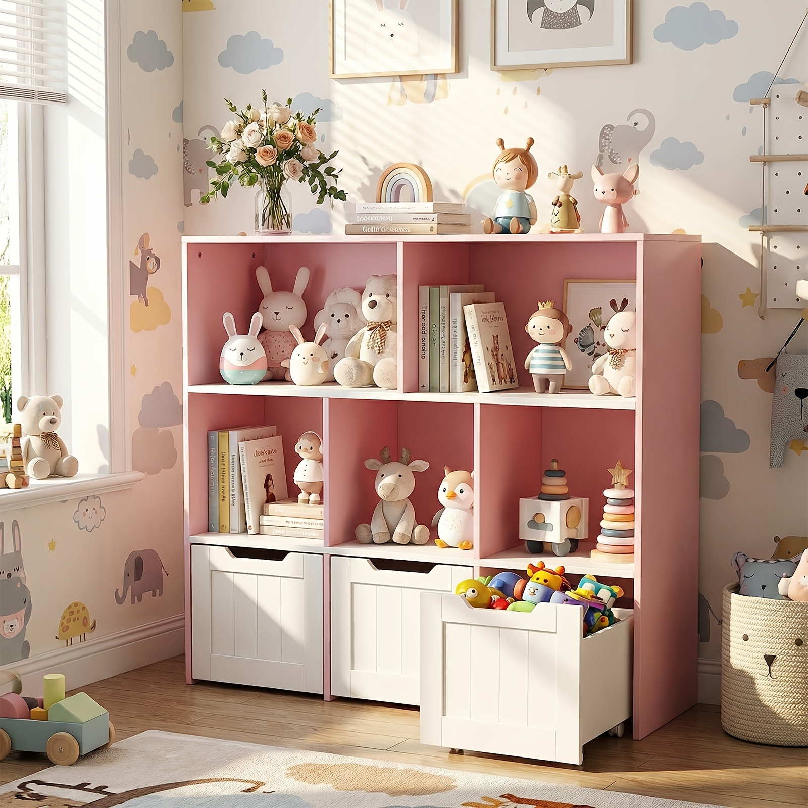 Image of Children' Unit, Wooden Bookshelf With 5 Cubes And 3 Removable Rolling Drawers, Organizer Doll And Books, Multifunctional Storage, Princess-themed Room, Playrooms, And Daycare , 100 X 33 X 90cm, Pink