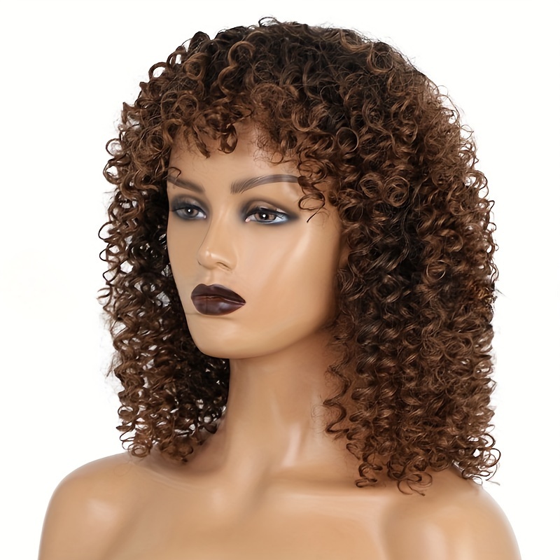 Natural Looking Synthetic Afro Curly Wig Bangs Heat - Temu