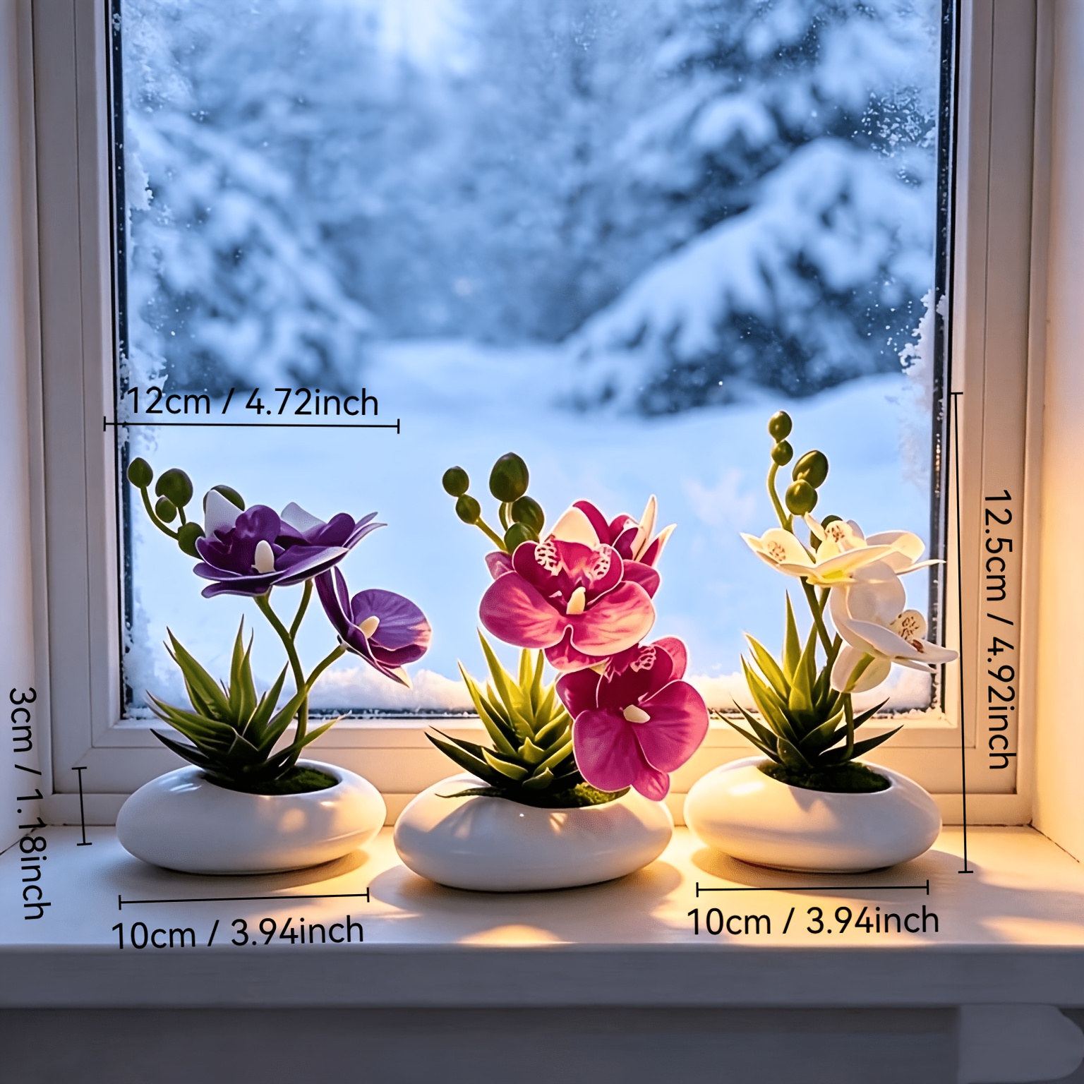 TEMU 3pcs Home Decor Artificial Flowers Set: Phalaenopsis Orchid + Succulent, Includes Sturdy White Flower Pots With . Suitable For Home Decor, Room