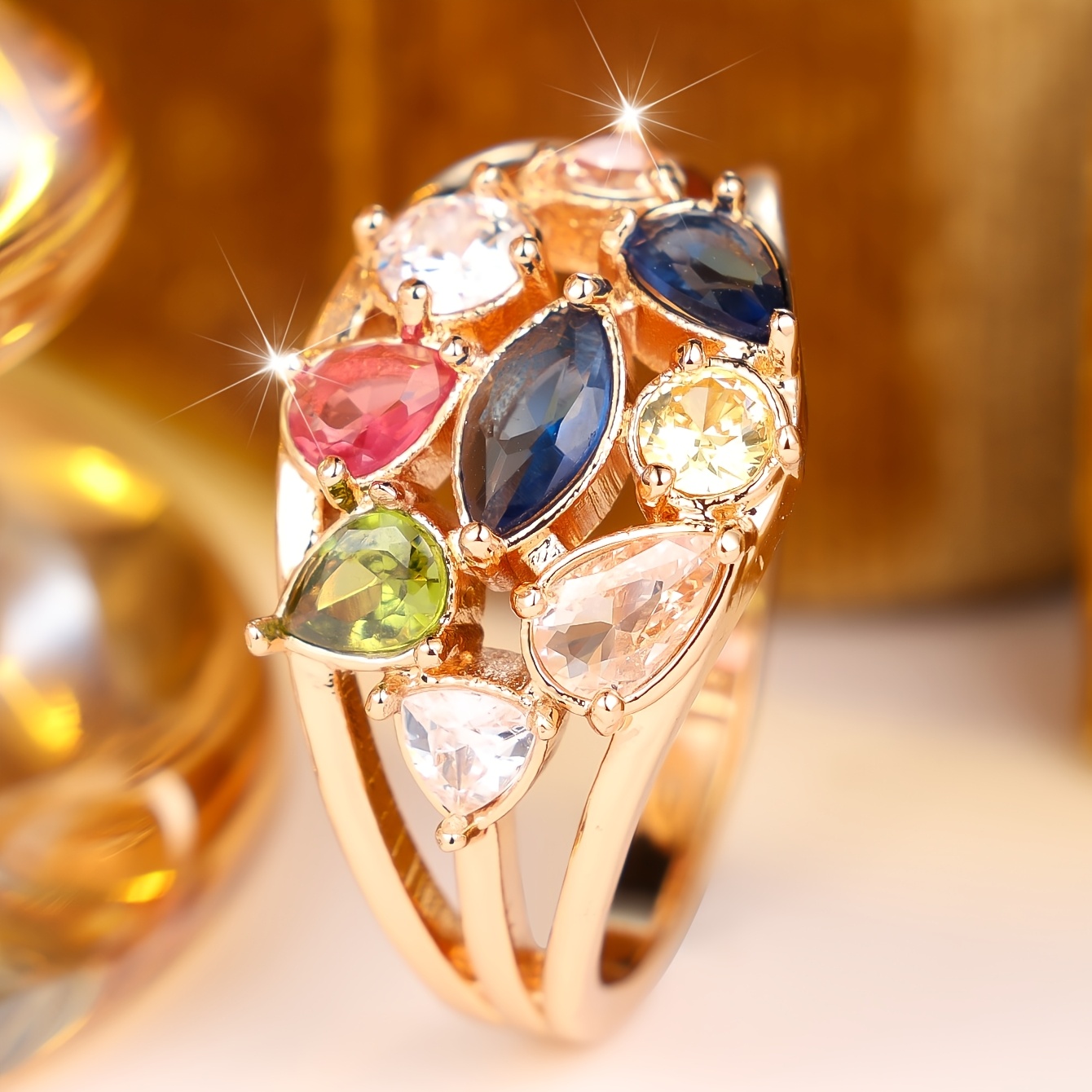 Unisex Colorful Synthetic Cubic Zirconia Inlaid Ring