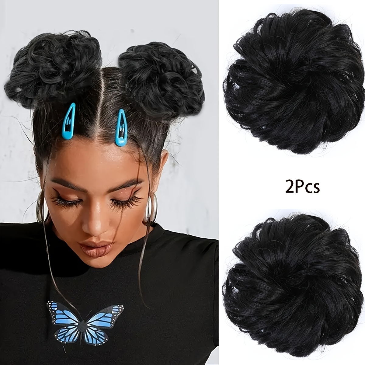 Messy Bun Hair Pieces Synthetic 2 Pack Tousled Updo Wavy Curly for Women TwiceBeauty Black Messy Bun Hair Piece Tousled Updo Hair  main image 2