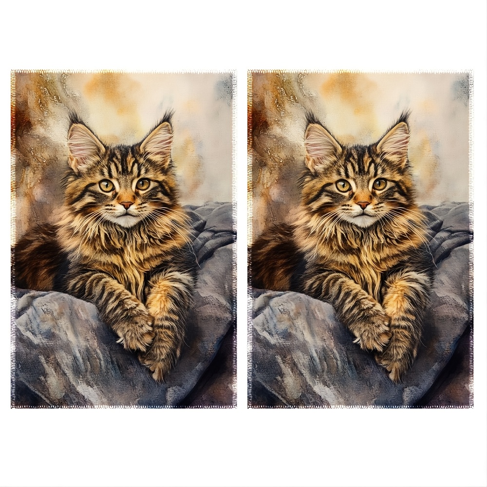 

2-pack Vintage Tabby Maine Coon Cat Kitchen Towels, 16x24in, Polyester Knit Fabric, Machine Washable, Antibacterial Theme Dish Cloths, Retro Rainbow Pattern Cleaning Pads For Sink And Stove