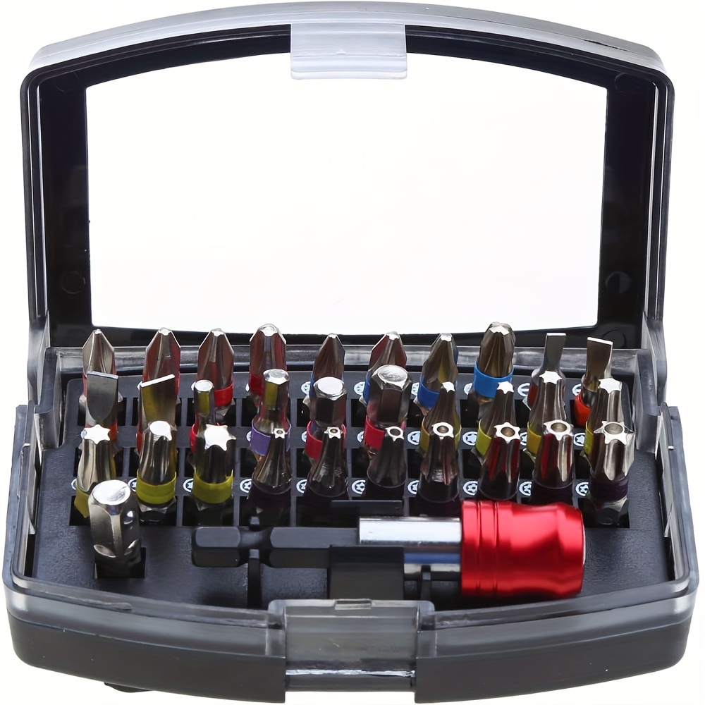 E-shop 32-teiliges Kompaktes Schraubendreher-Bit-Set mit Sechskant, Phillips, Flach, Torx & Sternköpfen - Langlebiger Edelstahl, Farbcodiert für