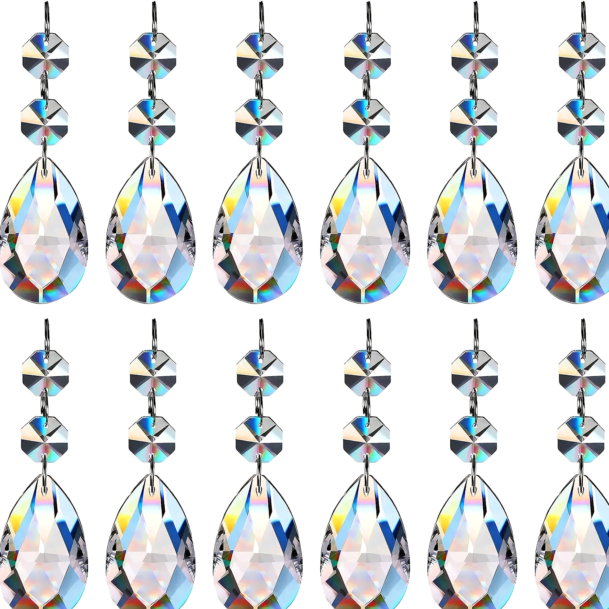 TEMU 12pcs K9 Clear Teardrop Crystal Suncatcher Prism Strands, Octagon Bead Water Drop Glass Pendant Ornaments, Catching Hanging Decor For Garden