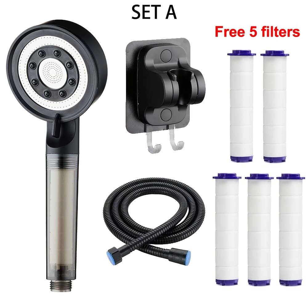 TEMU Ensemble 1 pièce : Pommeau de douche à main avec filtre surpuissant 5 , tuyau, support, 5 filtres de rechange, pommeaux de douche à effet pluie