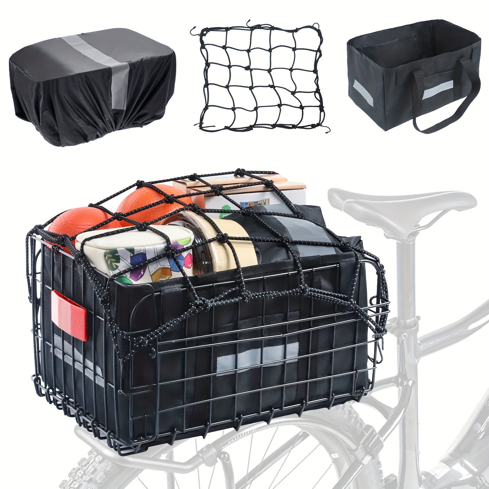 TEMU Heavy-duty Folding Bike Basket Front/rear -release Fastening - Extra-large Metal/ Basket With Removable Liner Bag, For Adults, Dogs, Groceries,