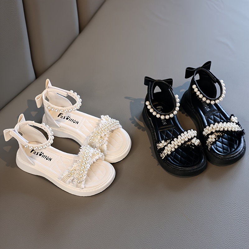 

Trendy Cute Pearl Bowknot Decor Solid Color Open Toe Sandals For Girls, Breathable Lightweight Sandals For Holiday Party