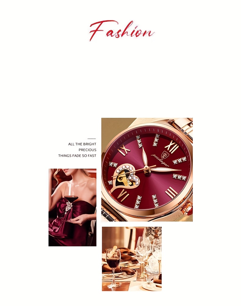 POEDAGAR Elegant Women's Quartz Watch - Rose Golden-Tone Stainless Steel, Luminous Hands & Calendar,, Date Display with Heart Detail