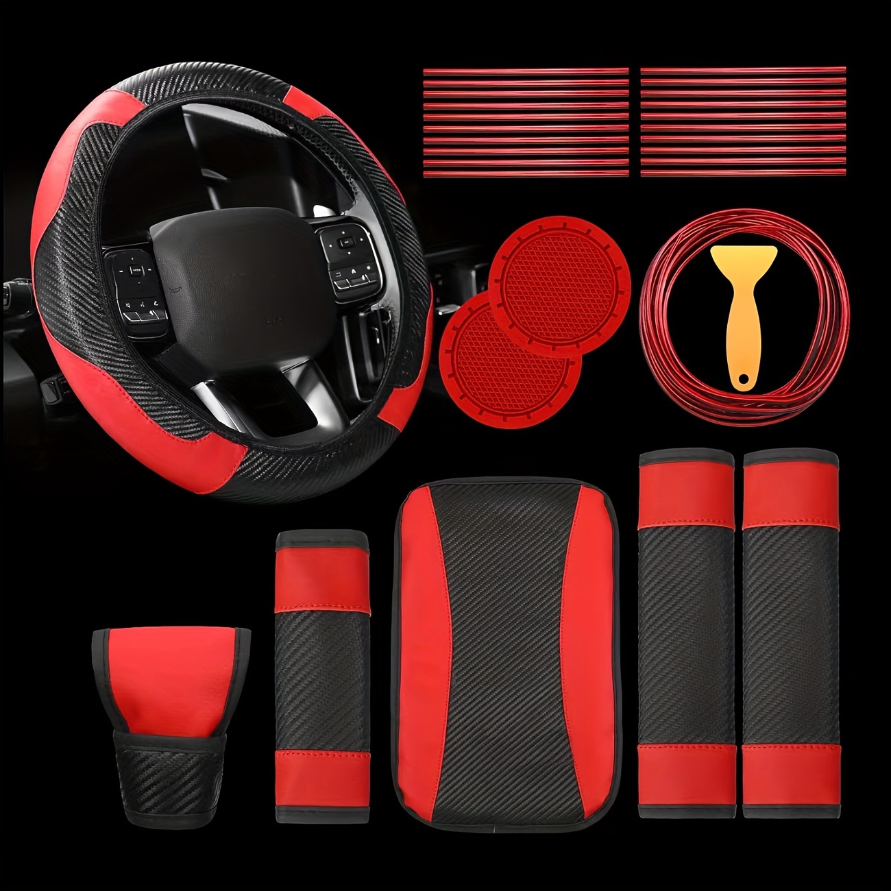 

style Boost" 30-piece Car Interior Upgrade Kit: Pu Leather & Carbon Fiber Steering Wheel Cover, Easy-install Air Vent Trim Strips