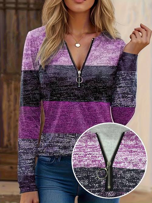 item picture womens fashion summer style v neck long sleeve zipper design casual loose layer t shirt versatile top for daily commuting and dates streetwear style for everyday machine washable suitable for daily wear and home