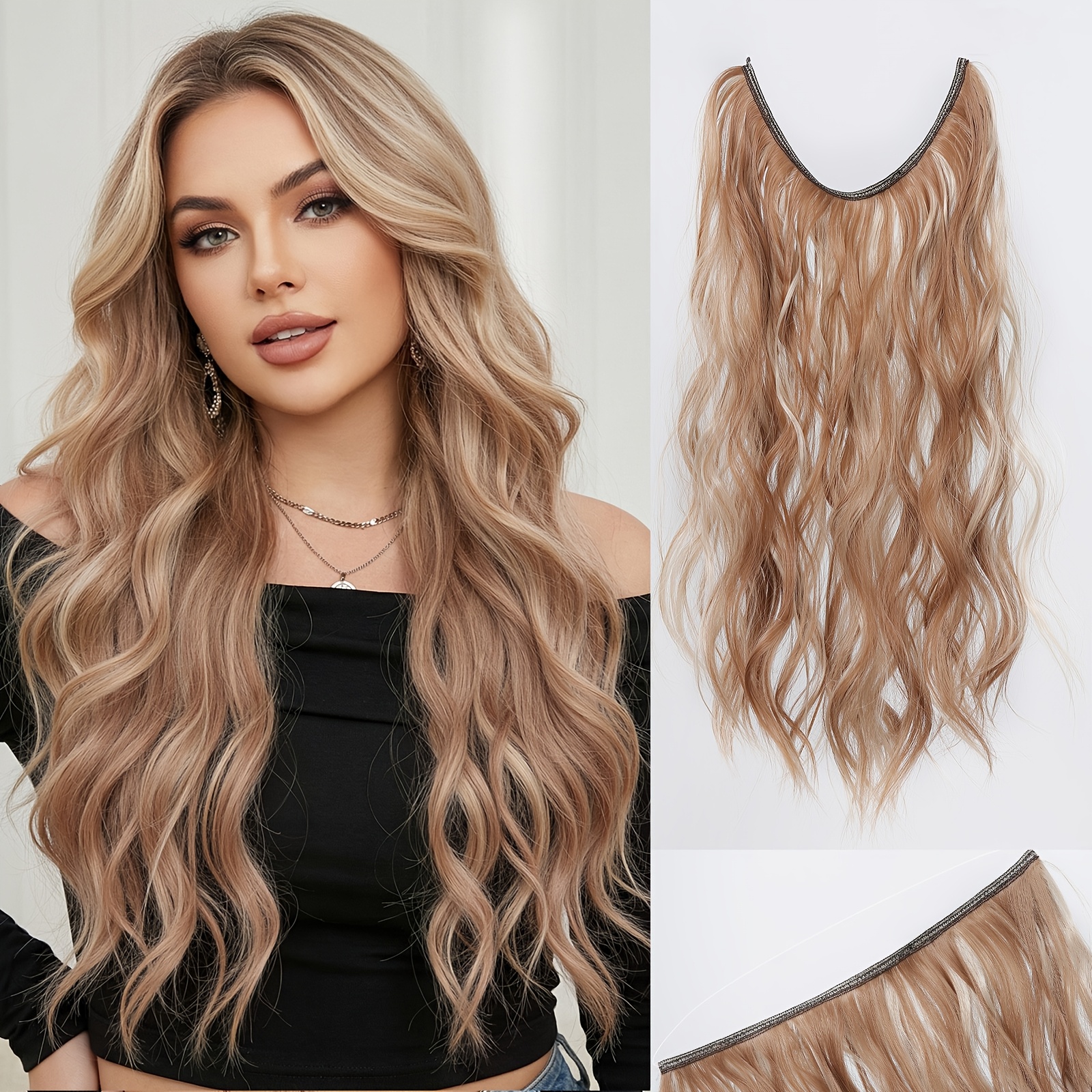E-shop 22 Zoll Haarverlängerungen Fischlinie, Synthetisches Haar, Unsichtbare Drahtverlängerungen, Lockige Haarteile für Frauen, Aussehen Paar Mühelos