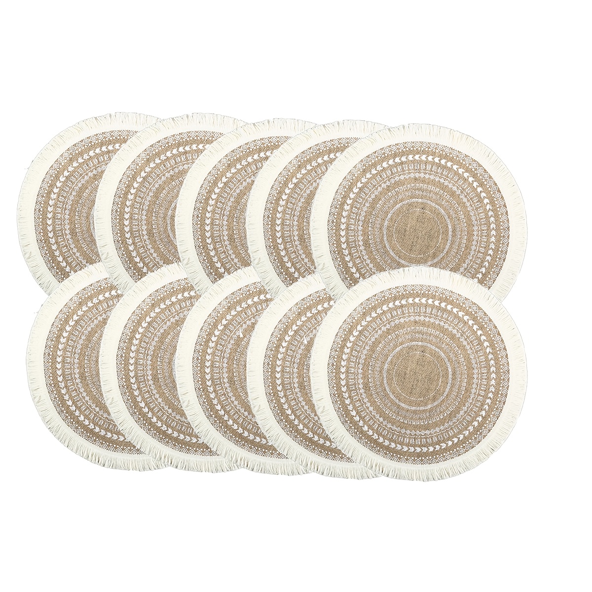 TEMU 10pcs Jute Printed Round Woven Placemats, Farmhouse Retro Tassel Edge 14.96in Table Mats, Bohemian Placemats, Natural Jute Fiber Placemats,