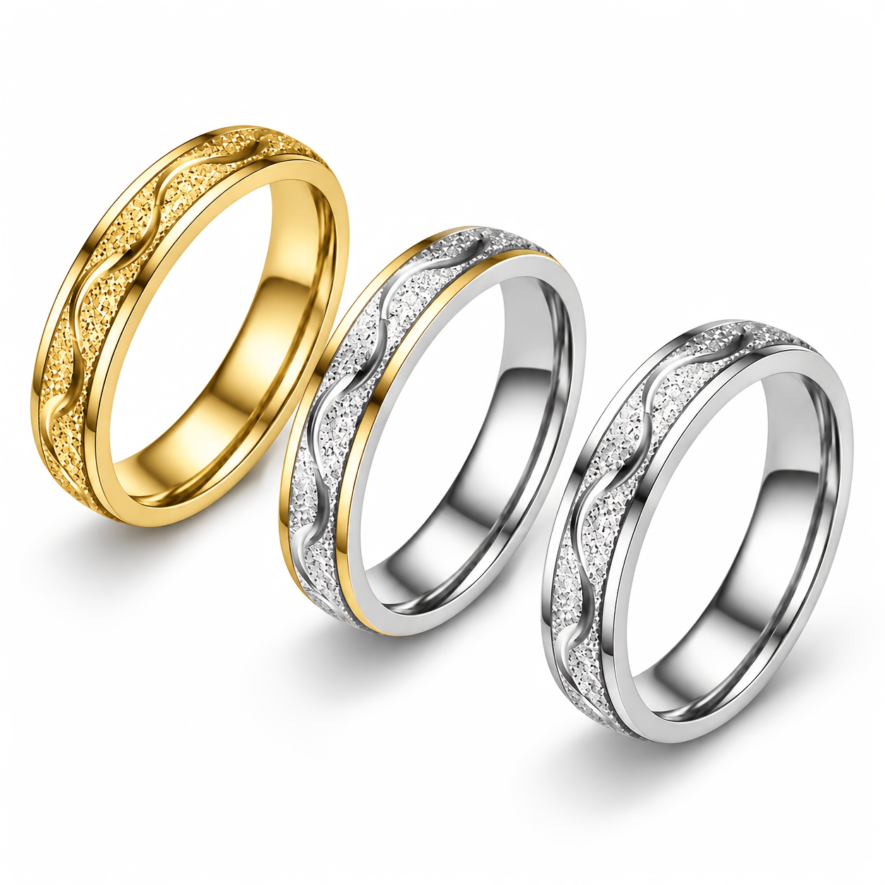 Women's 304 Stainless Steel Slim Band Ring, Engraved Wave Pattern