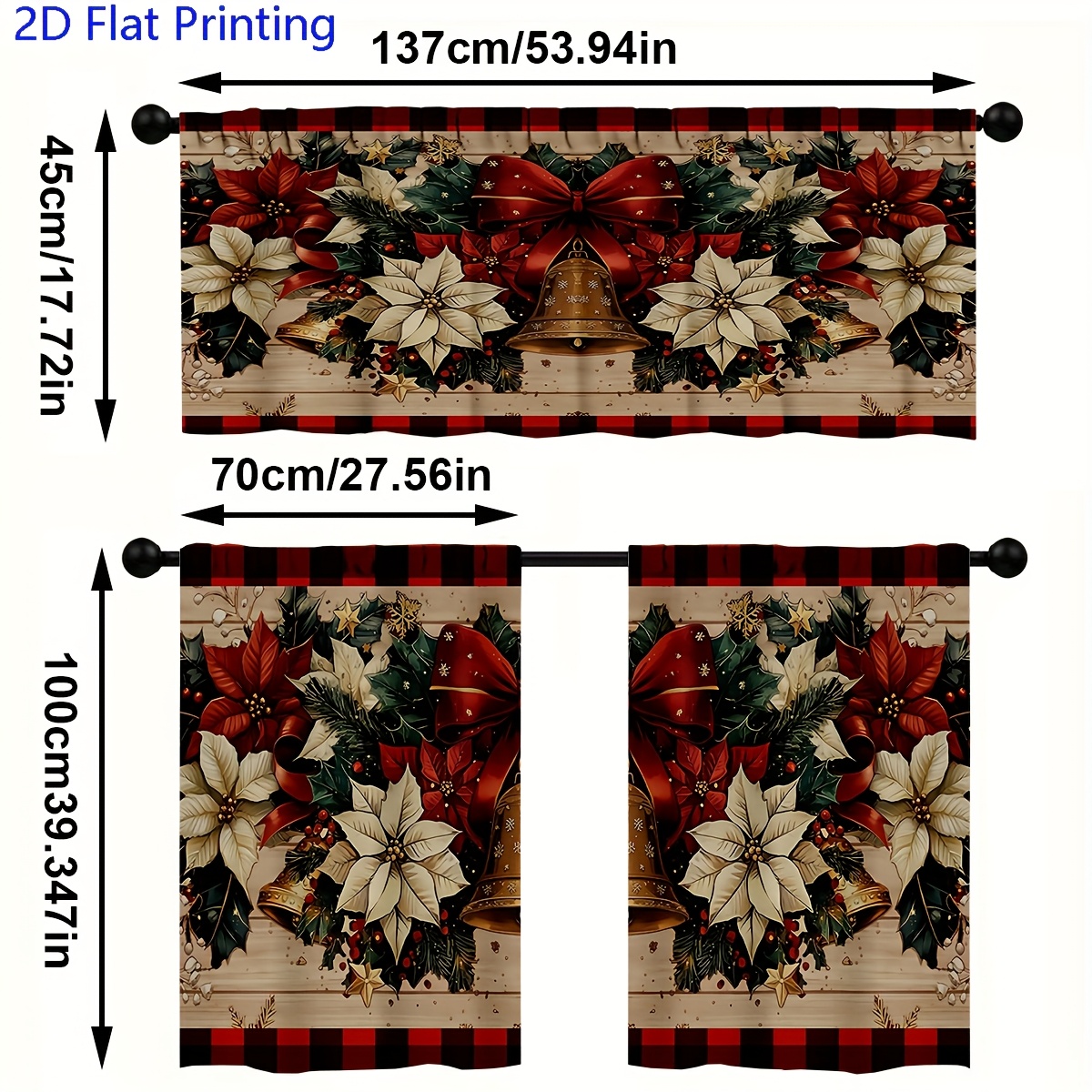 TEMU 2d Flat, 3pcs 2d Flat Printing Kitchen Curtain Sets,valentine's Day Decoration With Red Background And White Heart Patterned Curtains,rod Pocket