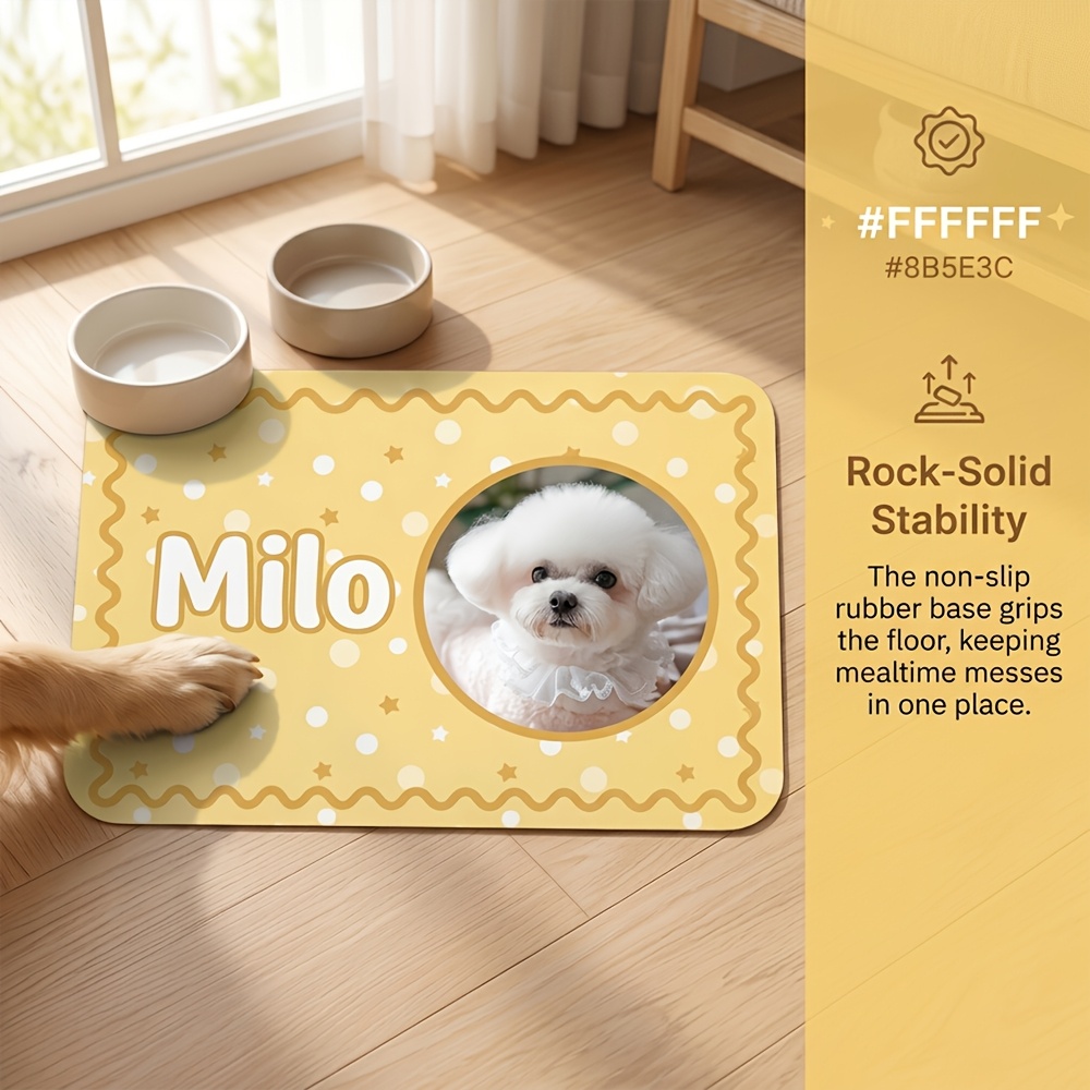 1pc Custom Pet Photo And Name Feeding Mat, Pet Bowl Placemat, Water Bowl Spill Mat, Crate Liner, Pet Daily Supplies, Indoor Pet Grooming Floor Mat, for Pet Owners, New Puppy Parents, New Pet Welcome Gift, Dog Birthday Present