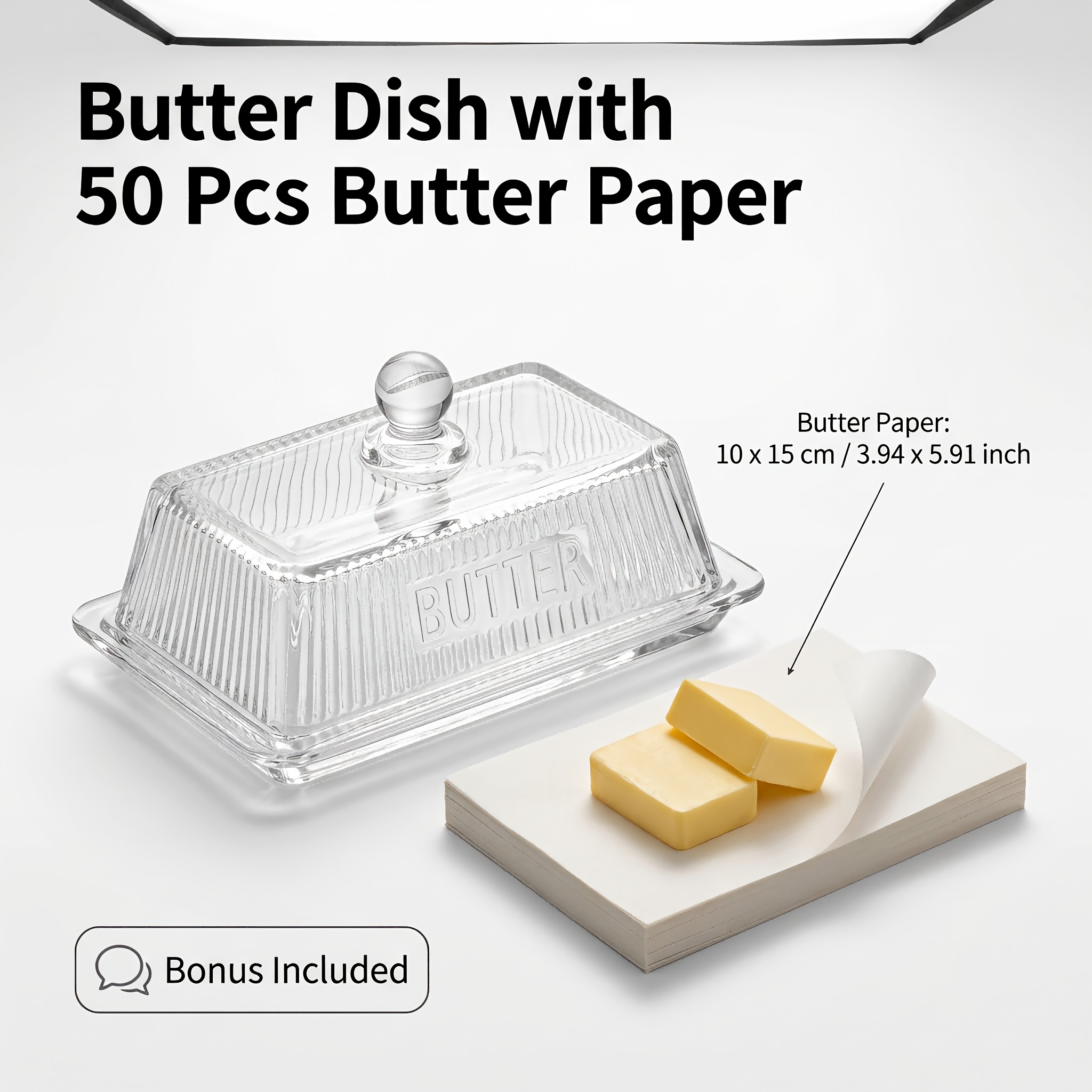 TEMU 1 Set (glass Butter Dish With Glass Lid And 50pcs Butter Separator Papers) Set, Keeping - Suitable For Countertop And Refrigerator Door Rack -
