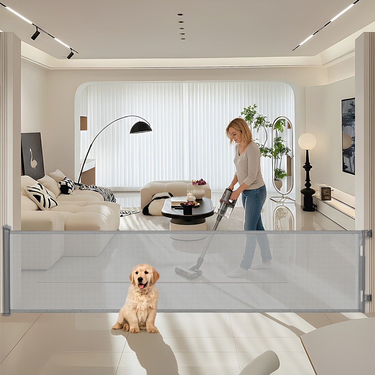 TEMU Retractable Pet Gate, 34 Inches Tall, Extends Up To 120 Inches Wide, Retractable Gate For Pets, Mesh Material, For Indoor Stairs, Doorways, ,