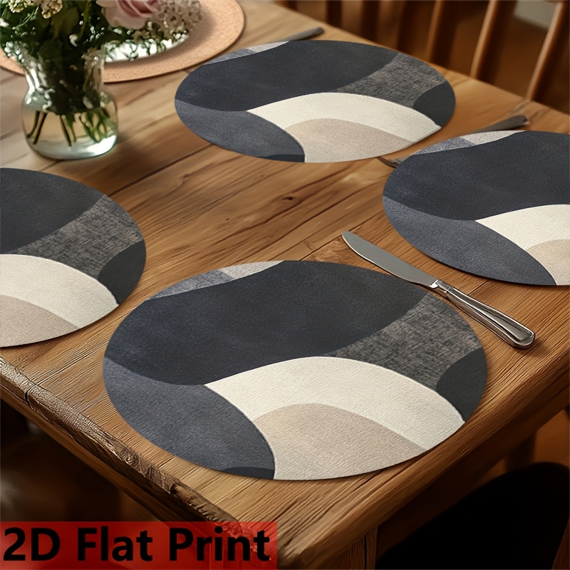 Image of 2d Flat 4pcs Set Of Round Placemats, Made Of Flat Black Felt Material, Size Washable Mat Feature Black, Gray, And Modern Geometric Pattern, Hand Wash , Perfect For Holiday Gatherings