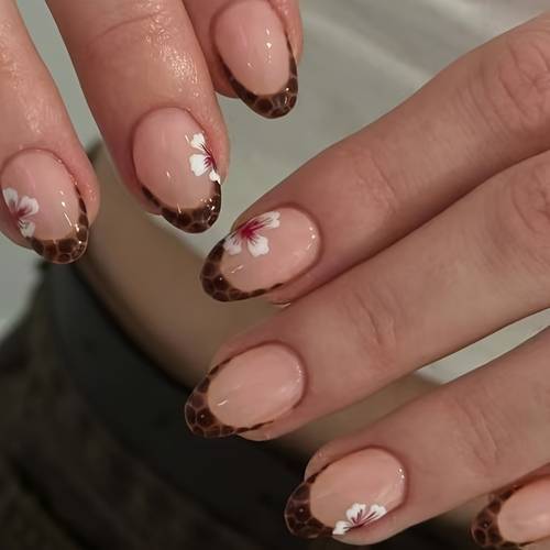 24pcs leopard print french short round press on nails with removable oval nails for women and s y2k style acrylic nails for daily wear
