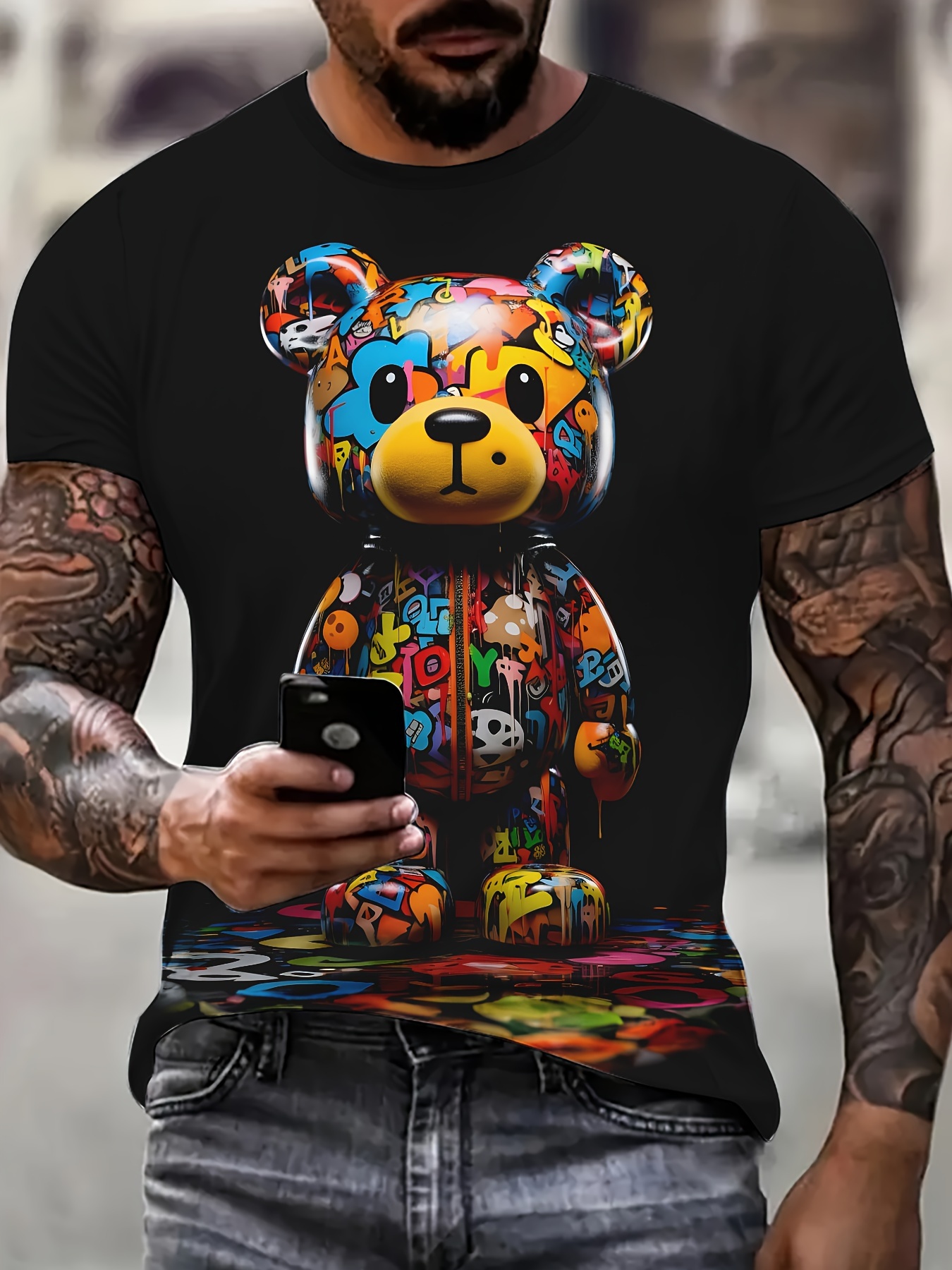 3D Graffiti Bear Pattern Print Men's Crew Neck Short Sleeve T-Shirt Casual Summer T-Shirt For Daily Wear And Vacation Resorts