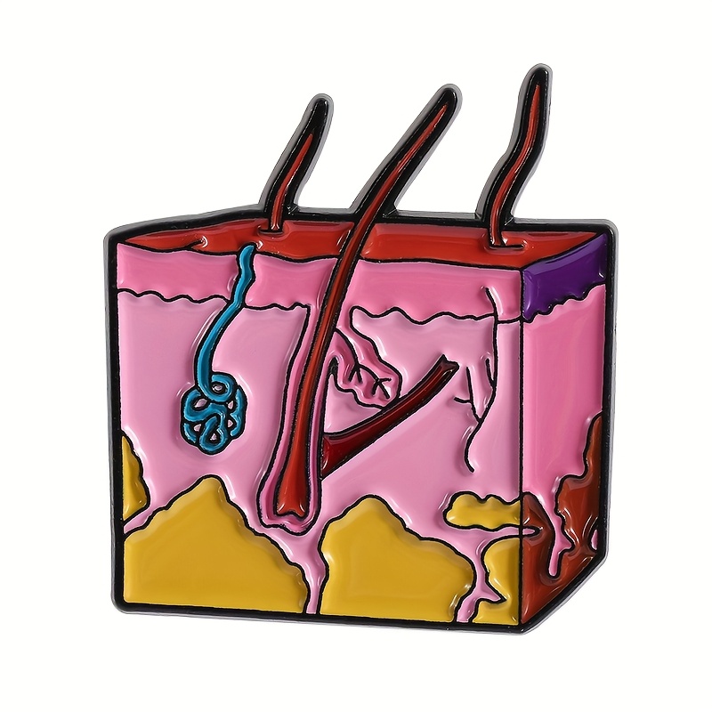 TEMU Broche de badge de structure de peau de style dessin animé - Alliage durable, fond rose avec illustrations bleues et jaunes, parfaite pour les