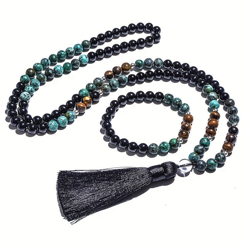 E-shop 8mm Tigerauge Afrikanische Türkis Perlen Halskette Armband Set mit 108 Mala-Perlen Schmuck