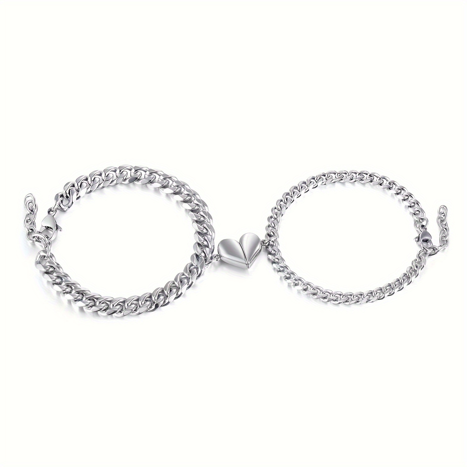 

2pcs Mens Womens Couples Stainless Steel Heart Chain Bracelet Set