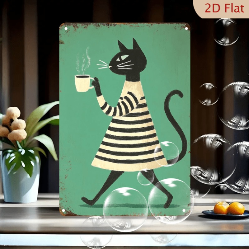 TEMU 2d Flat Black Cat, Wearing Striped Dress, With Cup Pattern, Outdoor Wall Decor, Suitable For Kitchen, Living Room, Bathroom, Entrance, Very