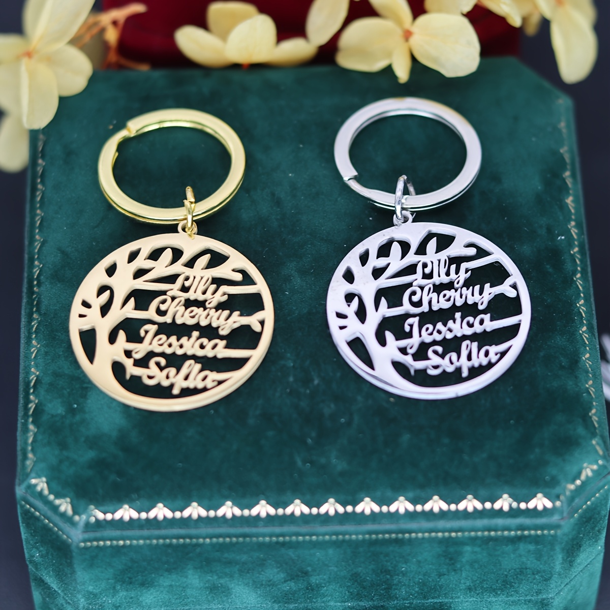 Custom 4 Names Tree Keychain Stainless Steel Family Keyring