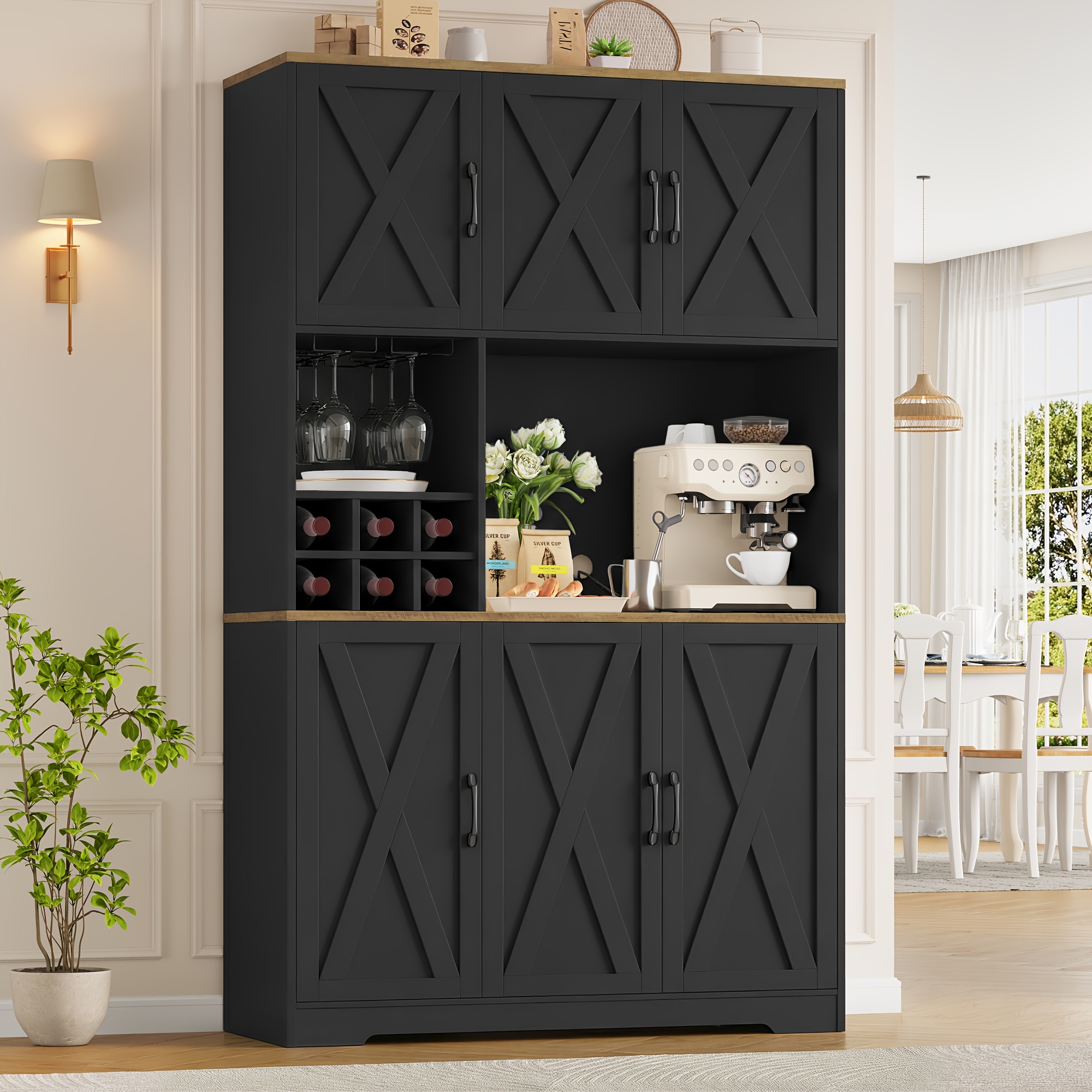 Image of Kealive Tall Kitchen Pantry Cupboard | 6 Cabinets With Glass Holder, Microwave Stand For Living Room, Dining Room, Kitchen, Black, , Floor Mount
