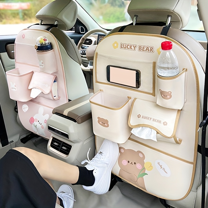 

Bear & Rabbit Car Seat Organizer - Multi- Bag With Box, Cup Holder & Phone Slot - Vehicle Organization, Bear Car Accessories, Cartoon, Back Seat, Car Accessories