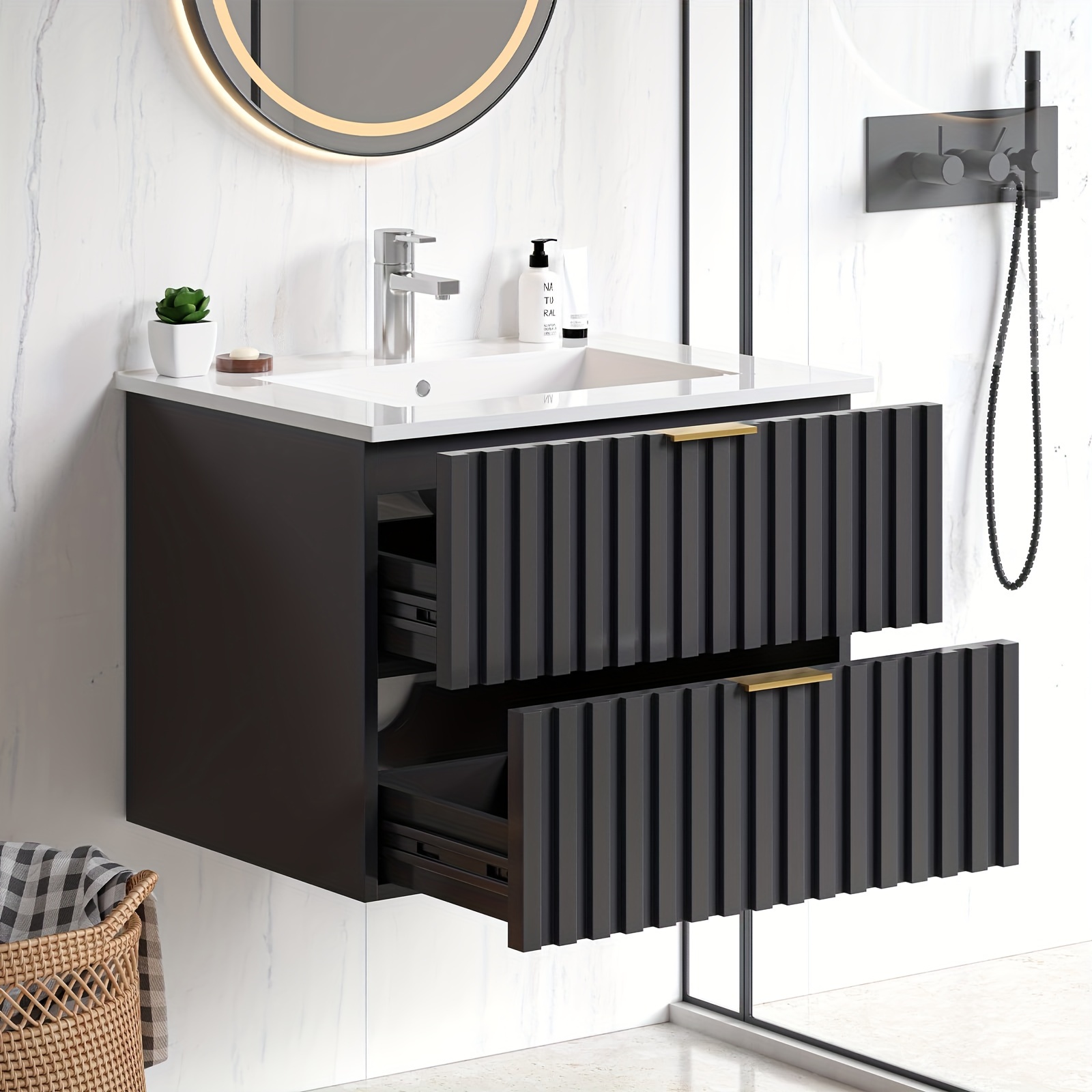 

24 Inch Bathroom Vanity With Sink Combo, Floating Bathroom Vanity With 2 Fluted Drawer & Metal Handles, Modern Wall Mount Bathroom Cabinet With Ceramic Integrated Sink For Small Space