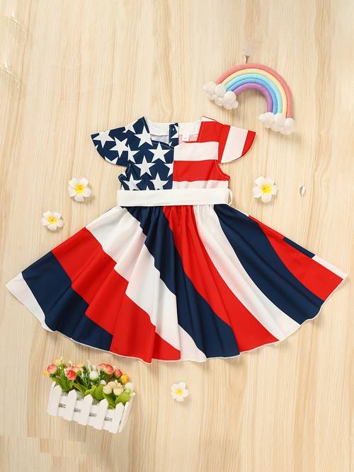girls dress stripes and stars sleeve twirl dress